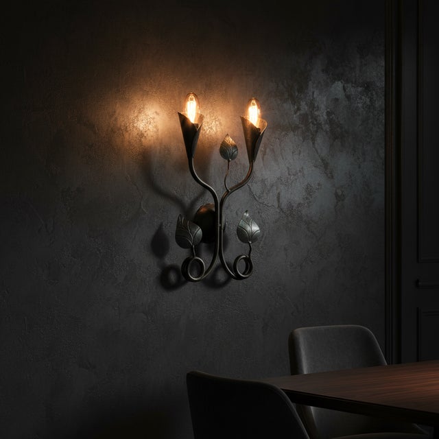 Hand-Forged Wrought Iron Double Wall Sconce Body (Botanical Twin Lily Motif) Artistic Fixture For Sale - Image 4 of 5