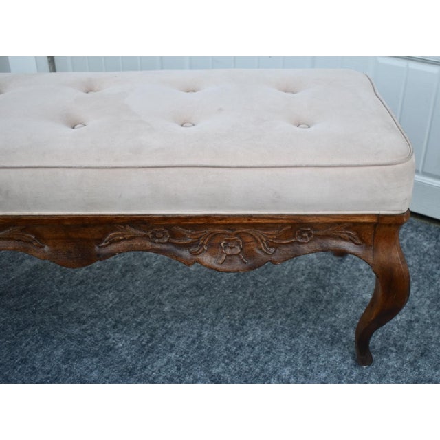 Wood French Country Window Bench Vintage Tufted Upholstered Carved End Stool For Sale - Image 7 of 15