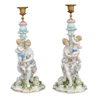Meissen Style Porcelain Figural Candlesticks, Pair For Sale