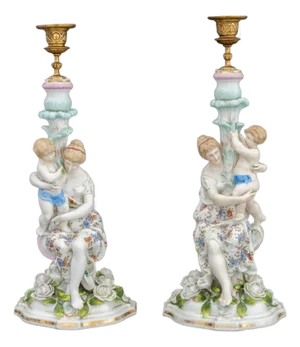 Meissen Style Porcelain Figural Candlesticks, Pair