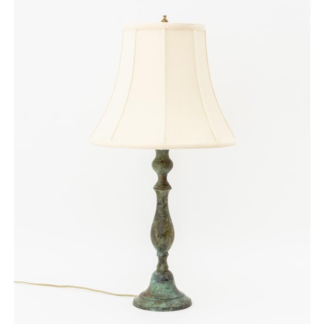 Pair of Modern Verdigris Bronzed Table Lamps, each with white silk bell shaped shade. Each overall: 28" H x 14" Diameter....