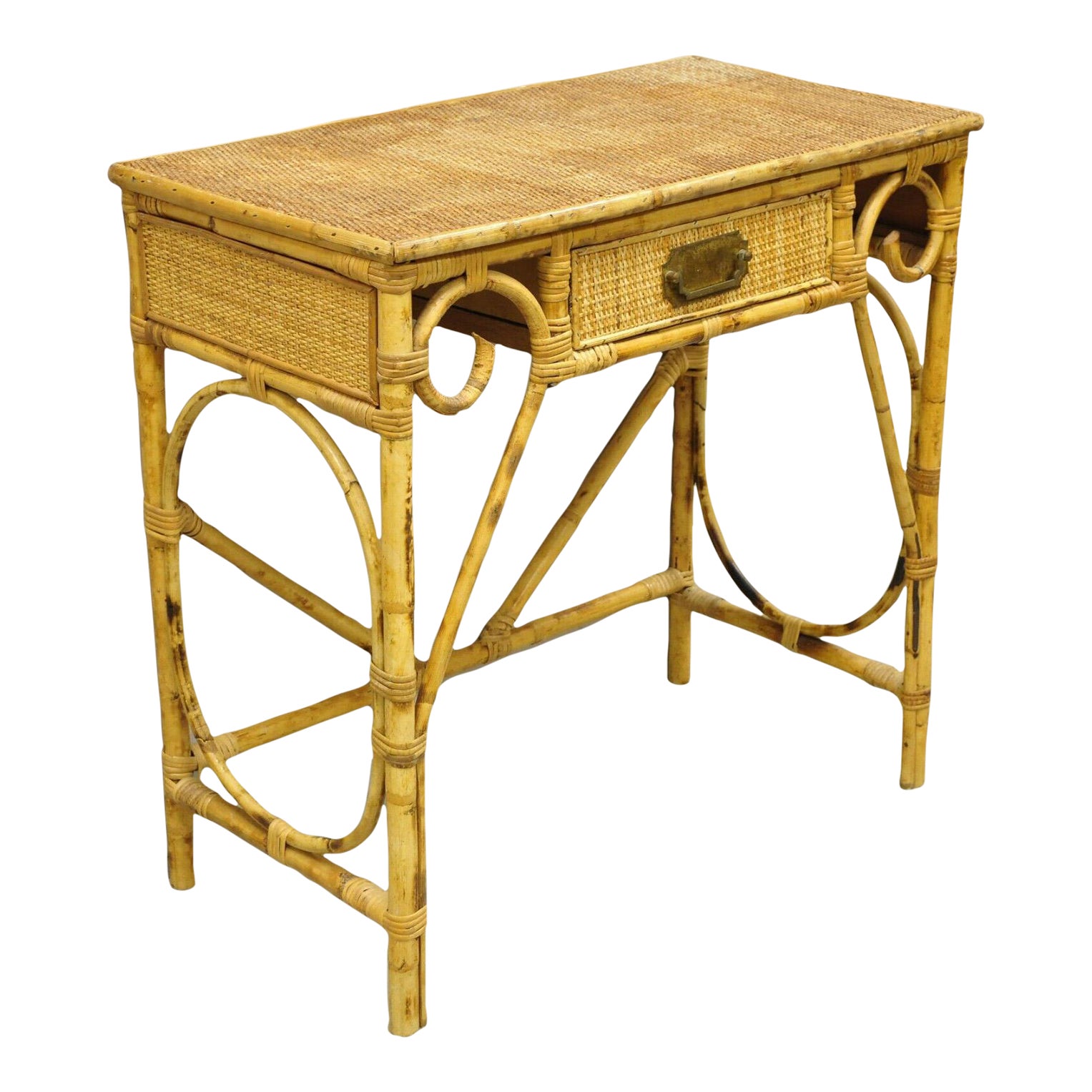 Vintage Rattan and Bamboo Victorian Style Small Vanity Table Desk With