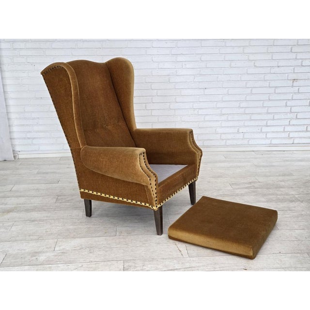 Danish High Back Armchair in Furniture Velour and Oak Wood Legs, 1970s For Sale - Image 4 of 16