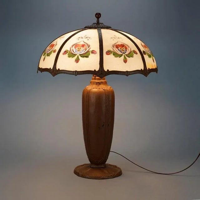 Bradley Hubbard Oversized Antique Bradley & Hubbard Style School Reverse Painted Panel Lamp Circa 1920 For Sale - Image 4 of 13