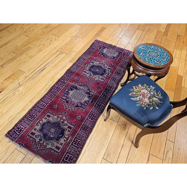 Vintage Turkish Runner, Hand-Knotted Wool, Geometric Design, Red & Navy, 3' x 7' For Sale In Chicago - Image 6 of 10