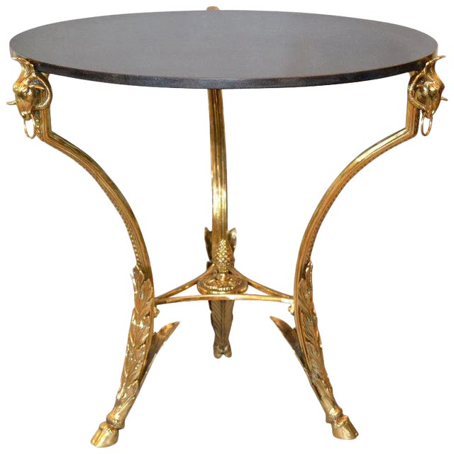 French Round Bronze Gueridon Style Table Rams Heads and Feet With Granite Top For Sale