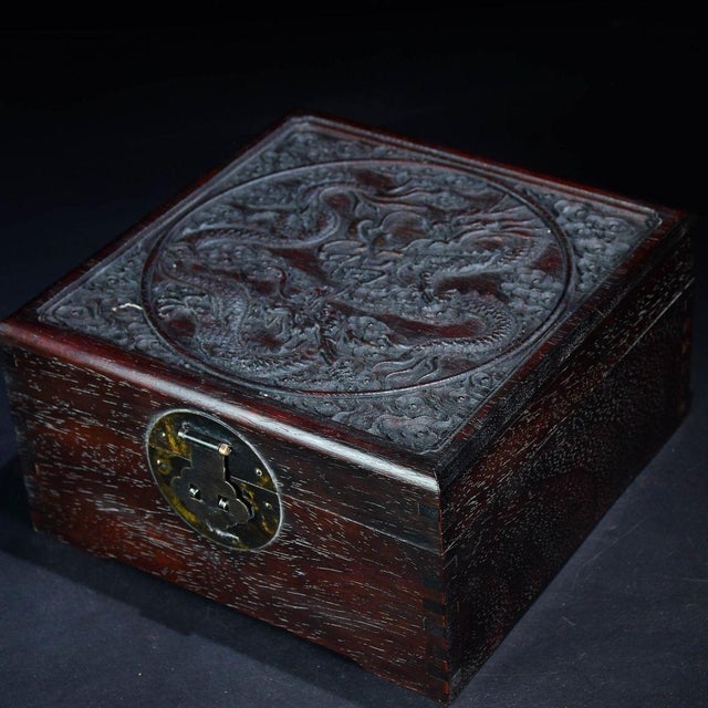 Vintage Chinese Zitan Wood Box With Deep Relief "Two Dragons" Carving For Sale - Image 4 of 9
