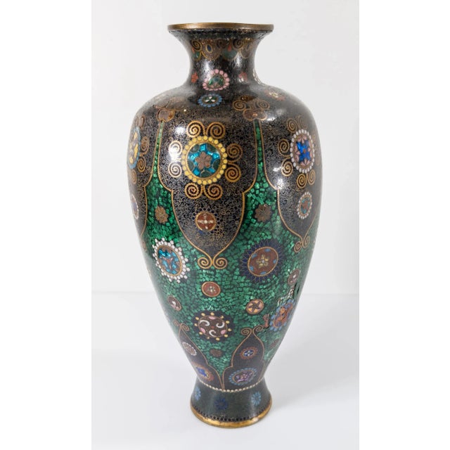 Early 20th Century 19th Century Japanese Cloisonne Enamel Vase With Green Foil and Damages For Sale - Image 5 of 12