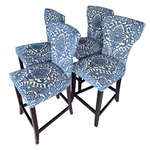 Modern Regal Blue & Ivory Damask Bohemian Lotus Flower Design Counter Stools Set of 4 For Sale - Image 10 of 10