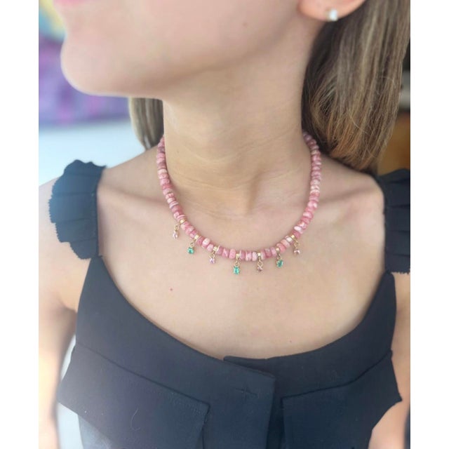 Rhodochrosite Rondelle Fringe Necklace With Pink Spinel, Emeralds & 14k Gold For Sale - Image 9 of 12