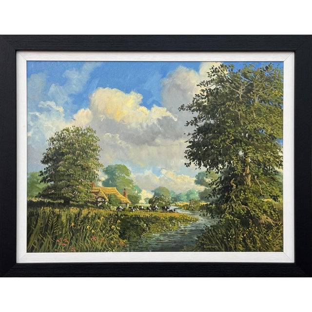 English Countryside Oil Painting with Thatched Cottage, River & Cows Grazing 1985 Circa For Sale