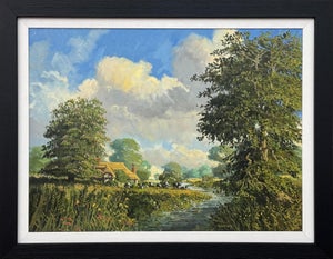 English Countryside Oil Painting with Thatched Cottage, River & Cows Grazing 1985 Circa