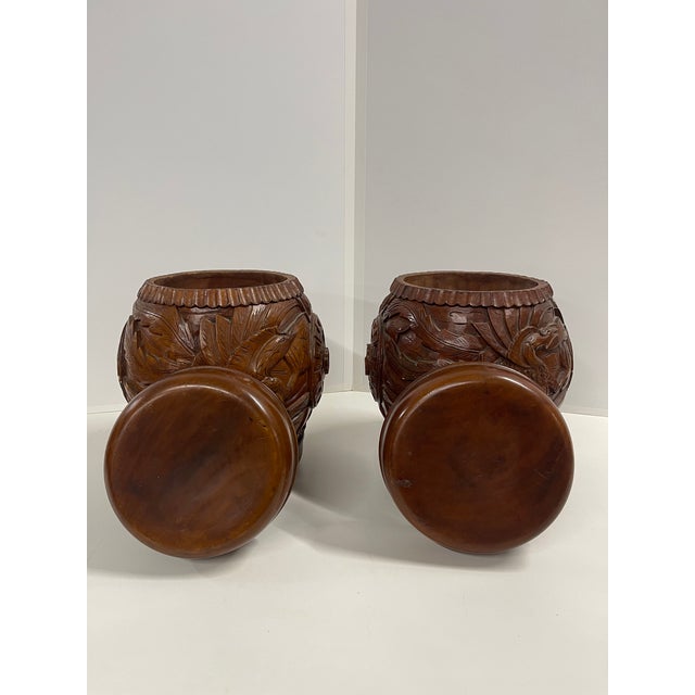 Early 20th Century Antique Hand Carved Wooden Hollow Drum-Shaped Chinese Garden Stools—A Pair For Sale - Image 5 of 16