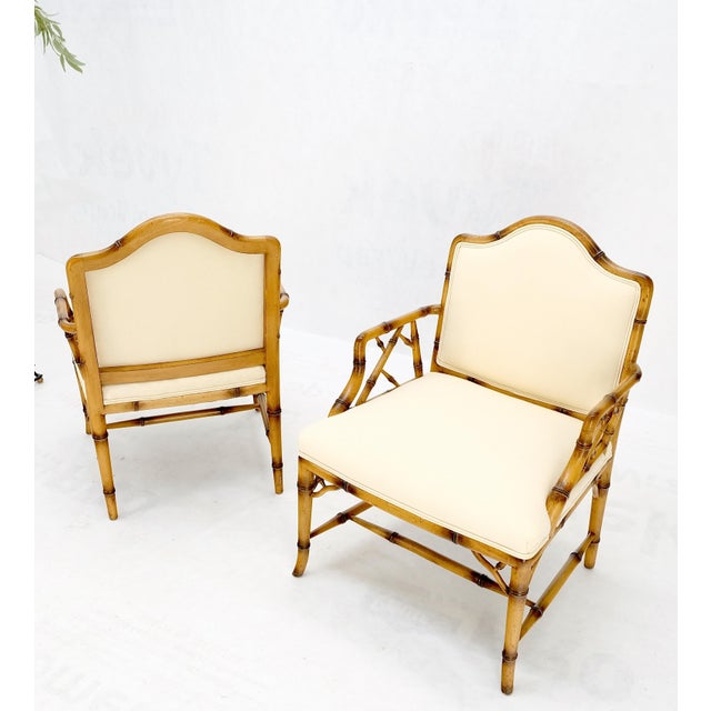 Mid-Century Modern Pair Faux Bamboo New Virgin Wool Upholstery Lounge Arm Fire Side Chairs MINT! For Sale - Image 3 of 16