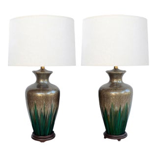 Large Pair Vintage Textured Iridescent Glazed Lamps With Emerald Green Striation For Sale