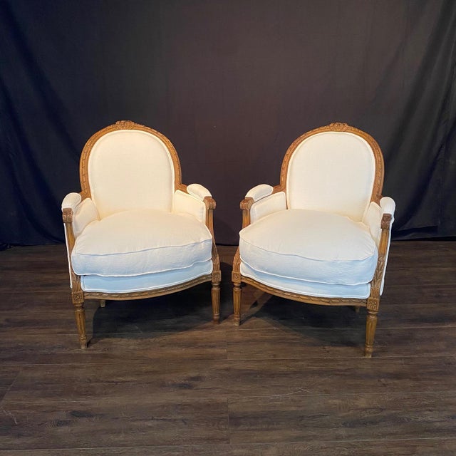 French Louis XVI Carved Walnut Armchairs Bergere Chairs -a Pair For Sale - Image 10 of 10