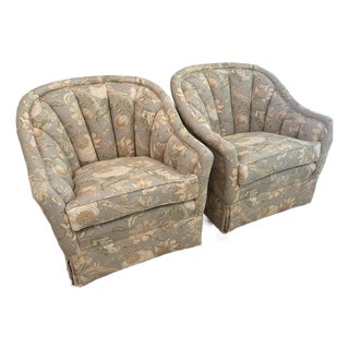 Vintage Channel Back Club Chairs Reupholstered in Waverley for Schumacher ‘Hazel’ Linen Fabric For Sale