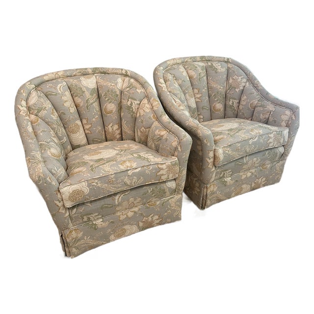 Vintage Channel Back Club Chairs Reupholstered in Waverley for Schumacher ‘Hazel’ Linen Fabric For Sale