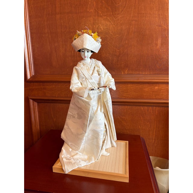 Vintage Japanese Ceremonial Figure in Ivory Kimono on Wood Base For Sale - Image 4 of 6