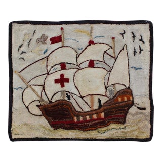 Pictorial Antique American Hooked Rug With Knights Templar Ship at the Sea Antique American Hooke 2'4"x2'11" For Sale