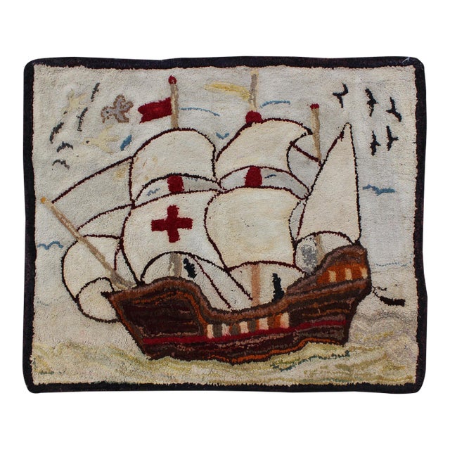 Pictorial Antique American Hooked Rug With Knights Templar Ship at the Sea Antique American Hooke 2'4"x2'11" For Sale
