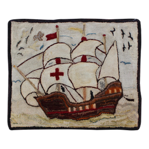 Pictorial Antique American Hooked Rug With Knights Templar Ship at the Sea Antique American Hooke 2'4"x2'11"