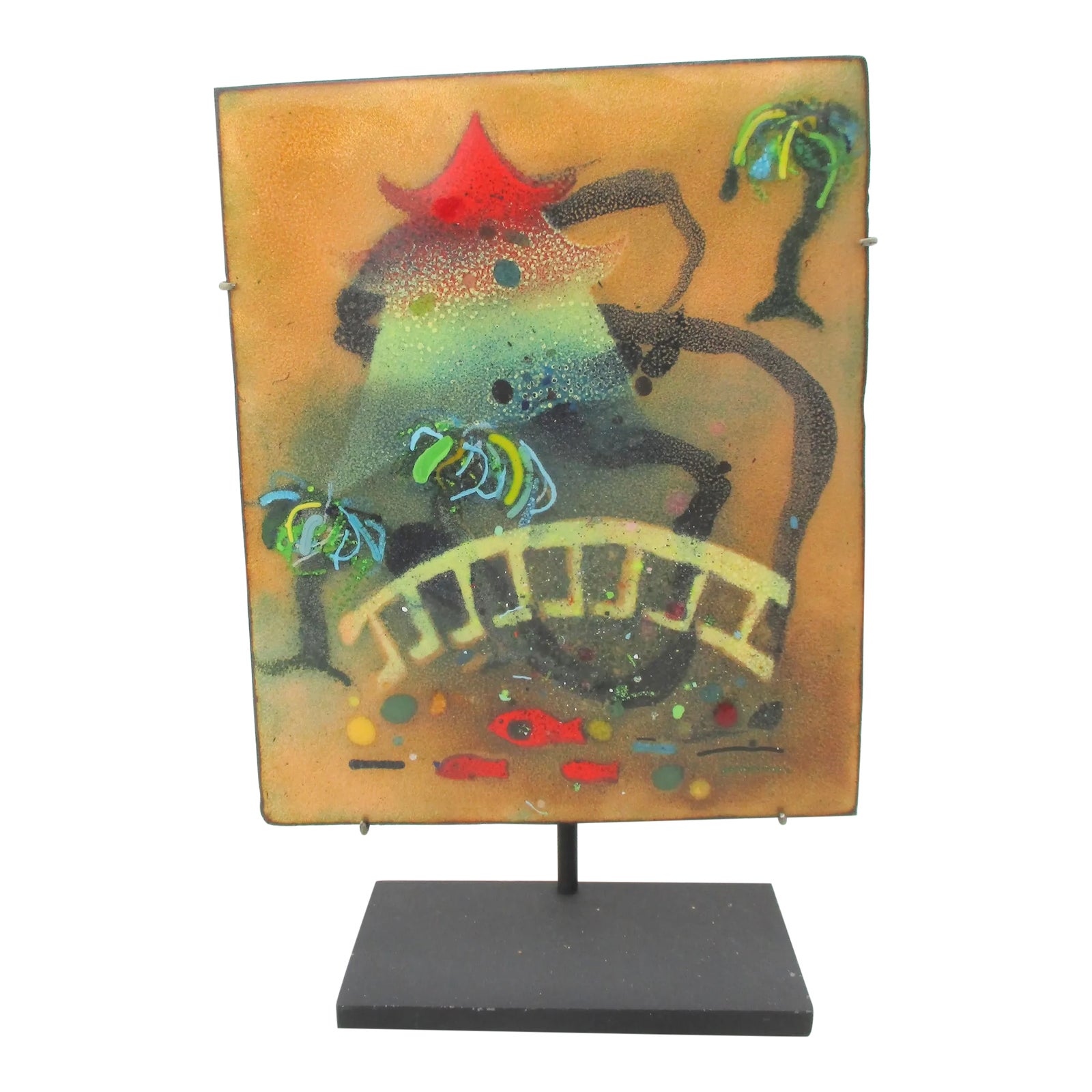 Mid-Century Enamel Painting on Copper Now Mounted to Stand | Chairish