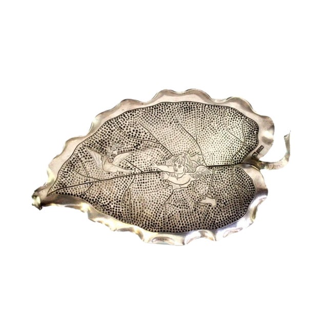 Silver Leaf-Shaped Silver Bowl with Angel and Dove of Peace Engravings For Sale - Image 8 of 8