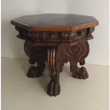 Wood Italian Walnut Renaissance Revival Marble Top Table with Robust Carving, Paw Feet, Octagon Shape Lion Paw Feet For Sale - Image 7 of 10