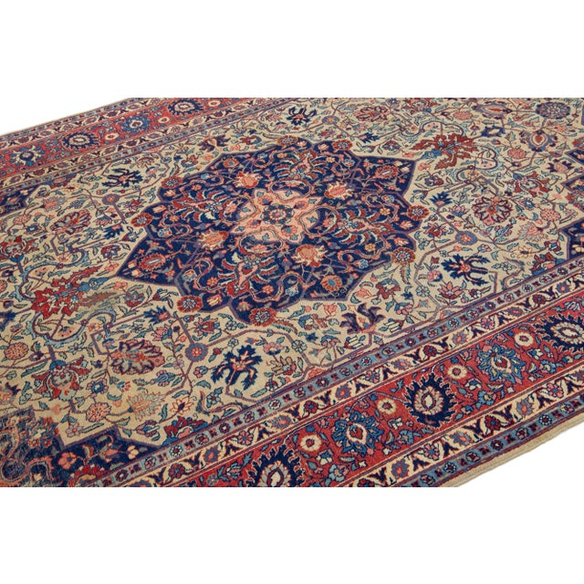 Textile Blue Antique Wool Rug Persian Tabriz From 1920s With a Medallion Design For Sale - Image 7 of 9