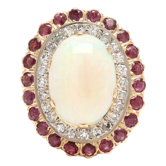1.56ctw Opal, Diamond & Ruby Cocktail Ring, 18k Yellow Gold, Ring Size 7.5 For Sale