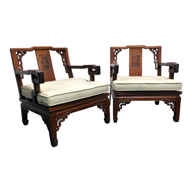Asian Korean Carved Mahogany Lounge Chairs Pair Chairish