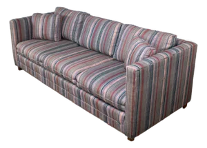 1987 Modern Tuxedo Style Sofa by Thomasville Navy, Gray, Lavender, & Red Striped Upholstery