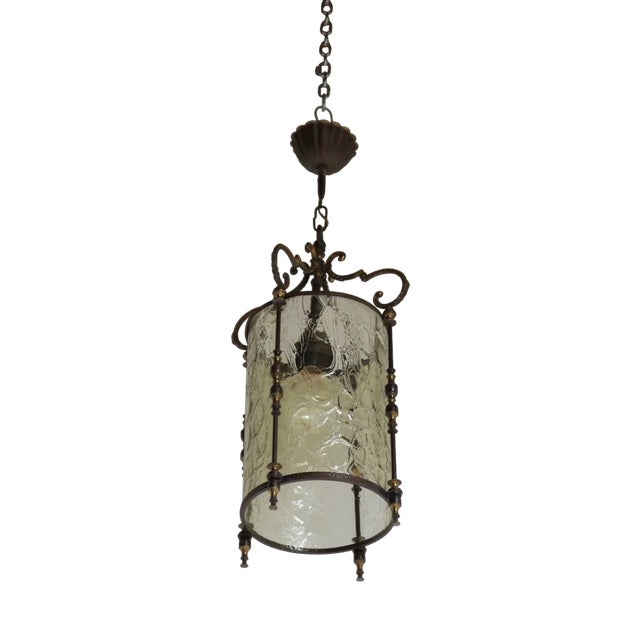 Vintage Brass and Textured Glass Pendant Lantern, France, 1950s For Sale