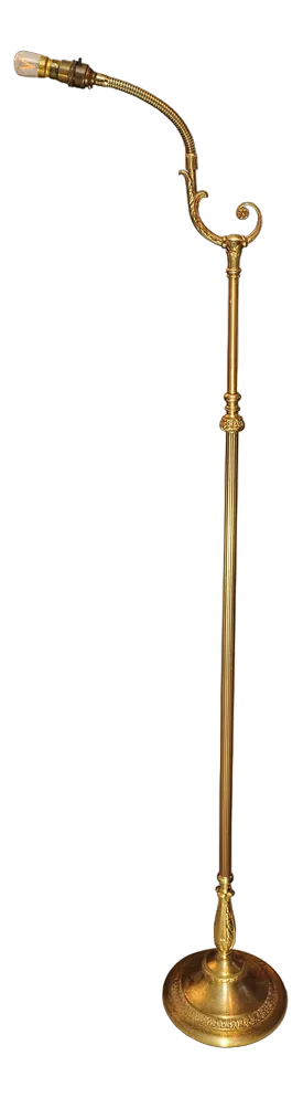 Swedish Empire Brass EB 5508 Floor Lamp with Angled Gooseneck & Floral Embellishments by Einar Bäckström, 1950s