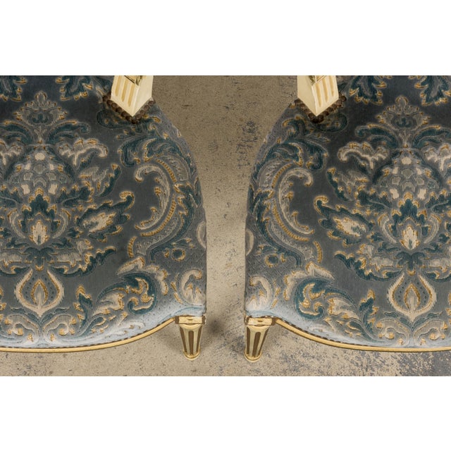 Antique French Louis XVI Style Painted Side Chairs W/ Blue Velvet Damask – A Pair For Sale - Image 4 of 18