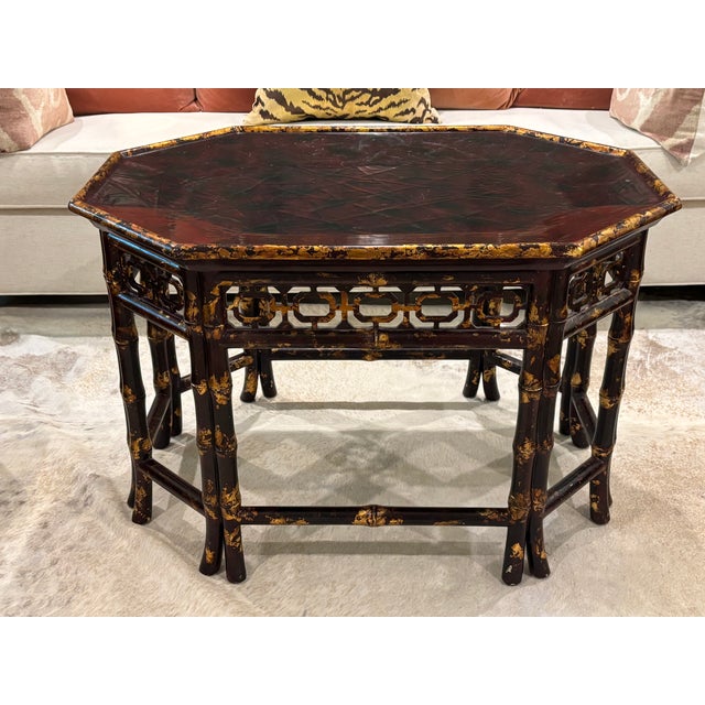 Wood Vintage Maitland-Smith Chinoiserie Palm Beach Style Faux Bamboo and Faux Tortoise Coffee Table For Sale - Image 7 of 18