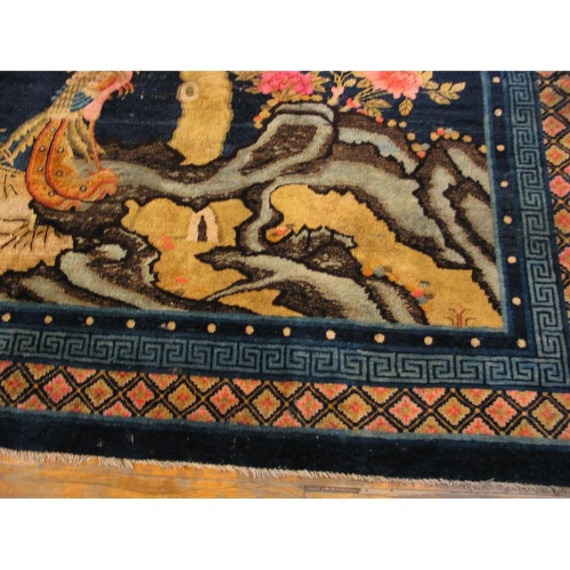 1920s 1920s Blue Ivory Coral Antique Chinese Baotou Carpet With Phoenix Pictorial Rug For Sale - Image 5 of 5