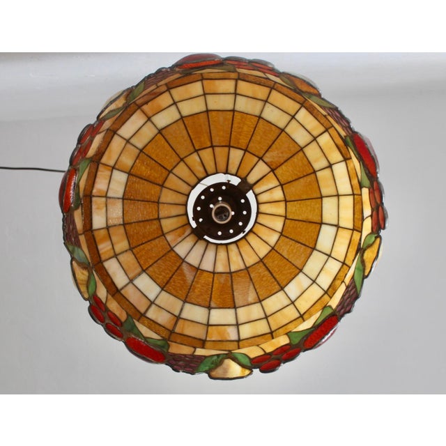 1970s Tiffany-Style Stained Glass Fruit Leaf Motif Pendant Hanging Light Fixture For Sale - Image 9 of 18