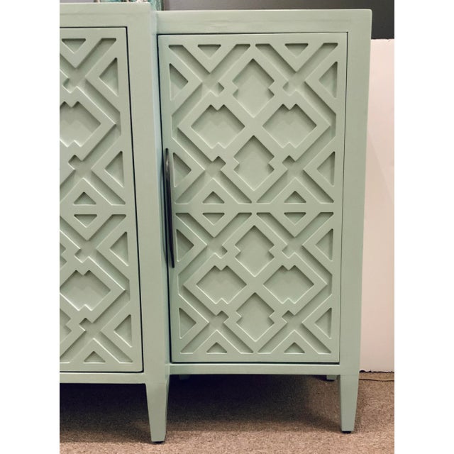 Stylish Modern Ronin’s Egg Blue Geometric Sideboard, dark bronze finished metal hardware, four doors, three shelves,...