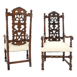 Pair of Carved Walnut Tall Backs New Upholstery Fireside Arm Side Chairs MINT! For Sale