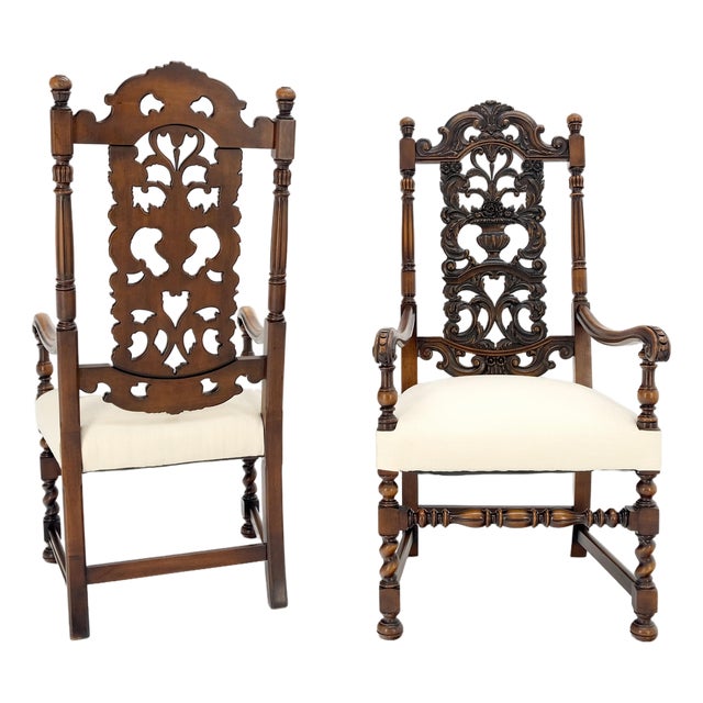 Pair of Carved Walnut Tall Backs New Upholstery Fireside Arm Side Chairs MINT! For Sale