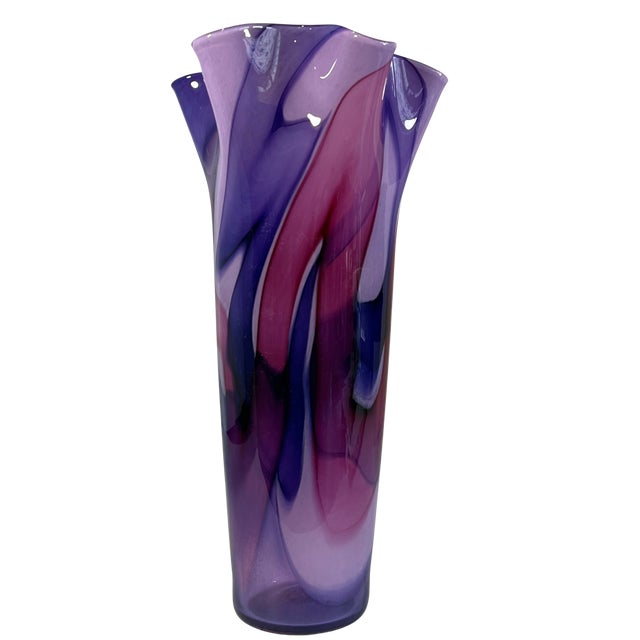 Contemporary 12/ 1/4 In. Tall Signed Purple Swirl Fazzoletto Lip Studio Art Glass Vase For Sale - Image 3 of 13