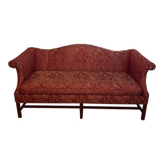 Vintage Chinese Chippendale Camelback Red Chinoiserie Sofa For Sale