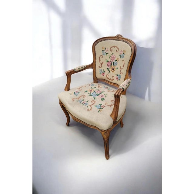Queen Anne Victorian Carved Walnut Armchair with Floral Upholstery, 1920s For Sale - Image 9 of 10