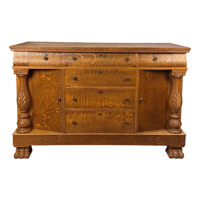 Antique Empire Quarterawn Oak Lions Paw Carved Sideboard Buffet Server For Sale