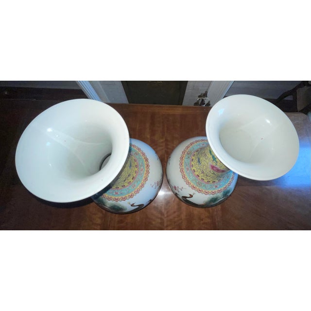 Pair of Large 23” Chinese Jingdezhen Famille Rose Porcelain Peacock Vases on Wood Stands For Sale - Image 12 of 14