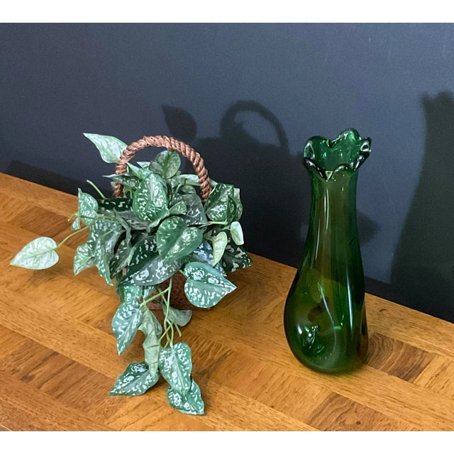 Vintage MCM Handmade Green Swung Dimple Vase Glass Art For Sale - Image 12 of 12