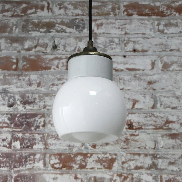 Mid-Century Modern Vintage Industrial White Porcelain Opaline Glass Brass Pendant Light For Sale - Image 3 of 8