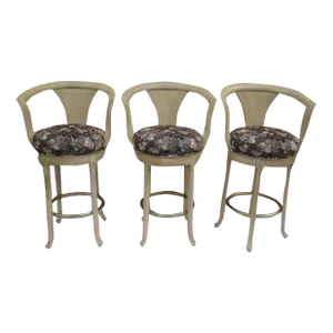 1980s Italian Style Whitewash Barstools with Upholstered Seats- Set of 3